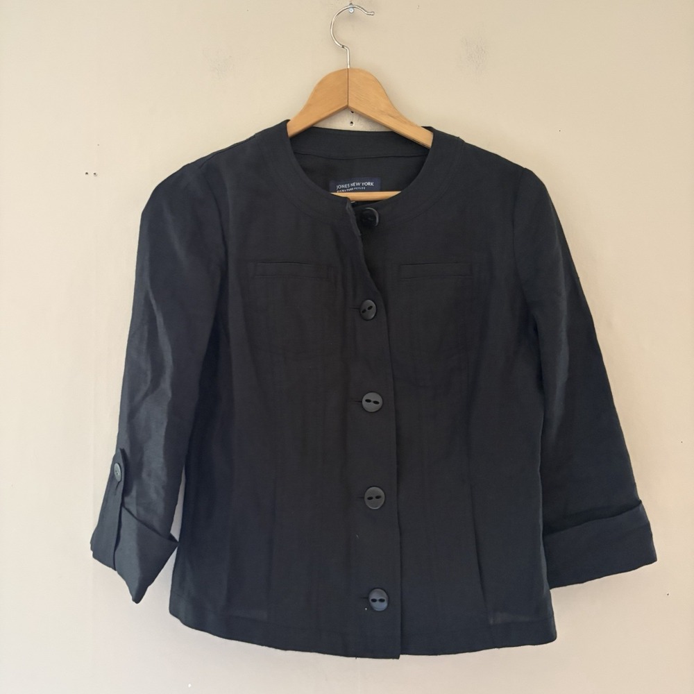 Jones New York Womens Linen Cropped Blazer Jacket Size Petite Small Black Office